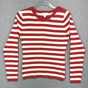LOFT Striped Cotton Sweater Button Accent Long Sleeve Red White‎ XS